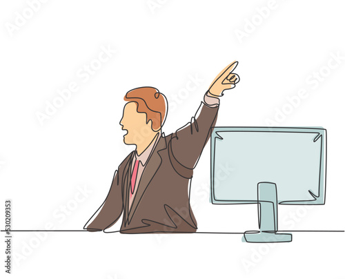 Single continuous line drawing of young angry manager yelling and pointing finger to staff. Anger management at office life concept. Modern one line draw design graphic graphic vector illustration