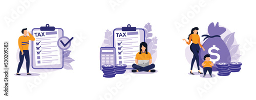 Taxes and fees paying. Financial charge, obligatory payment calculating. Personal income tax, doing your taxes, tax credit metaphors. set flat vector modern illustration