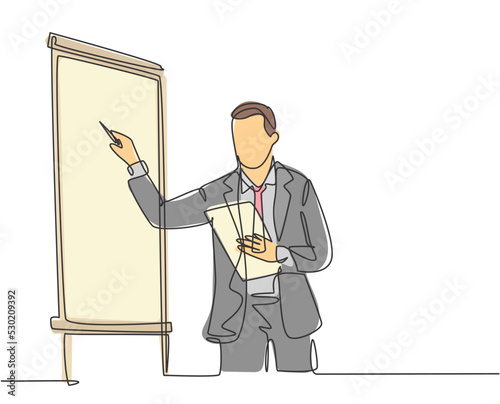 One continuous line drawing of businessman presenter drawing graph chart on screen board while on meeting. Business presentation at the office concept single line draw design vector illustration