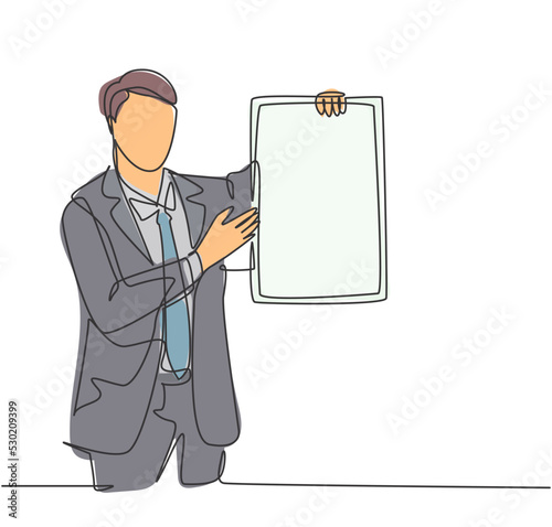 Single continuous line drawing of young presenter giving instruction using little blackboard while meeting at the office. Work presentation concept one line draw design graphic vector illustration