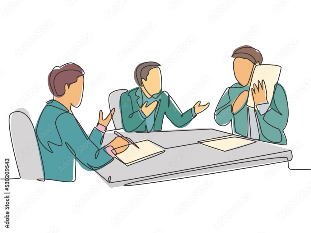Single continuous line drawing of young happy businessmen discussing in meeting room to collaborate at some projects. Business collaboration concept one line draw design vector graphic illustration Single continuous line drawing of young happy businessmen discussing in meeting room to collaborate at some projects. Business collaboration concept one line draw design vector graphic illustration
