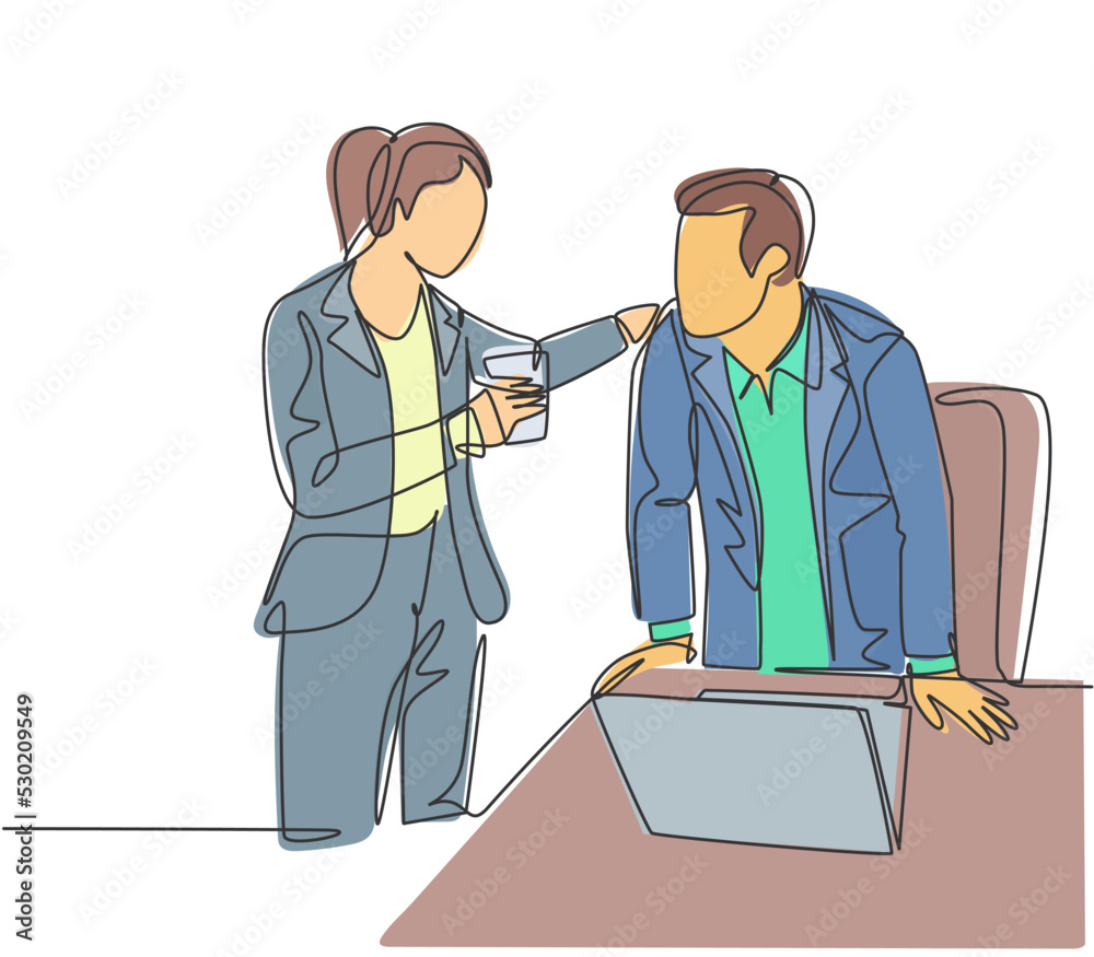 One continuous line drawing of young male and female employees engage in exciting conversations during office breaks. Rest break at work concept single line draw design vector graphic illustration