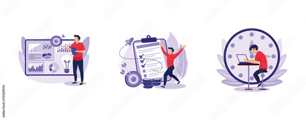 Fototapeta premium Project lifecycle. Project initiation and closure, deadline, documentation, business analysis, stakeholder approval, work time. set flat vector modern illustration