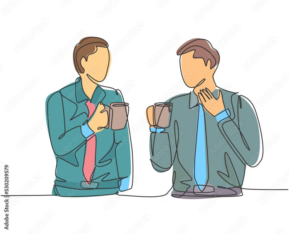 Single continuous line drawing of two young male workers have a casual chat over drink coffee during office break. Rest break at work concept. Modern one line draw design vector illustration graphic Single continuous line drawing of two young male workers have a casual chat over drink coffee during office break. Rest break at work concept. Modern one line draw design vector illustration graphic
