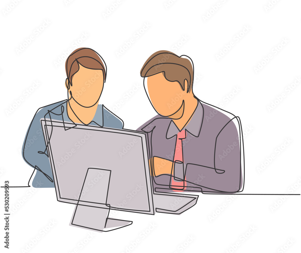 Single continuous line drawing of two young sales manager analyze sales growth chart on screen monitor with marketing staff. Sales growth evaluation concept one line draw design vector illustration Single continuous line drawing of two young sales manager analyze sales growth chart on screen monitor with marketing staff. Sales growth evaluation concept one line draw design vector illustration