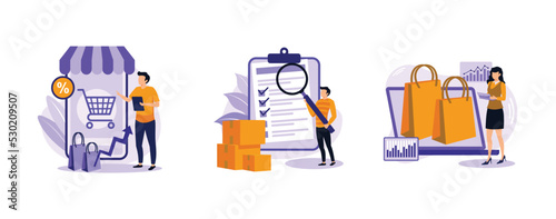 Customer satisfaction. Consumer society, product quality, market research studies, retail app, customer habit and need research. set flat vector modern illustration