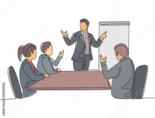 Single continuous line drawing of young happy businessman and businesswoman discussing in the office meeting room. Business meeting and presentation concept one line draw design vector illustration