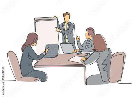 One continuous line drawing of young happy instructor presenting marketing strategy at the office discussion. Sales improvement meeting concept single line draw design vector graphic illustration