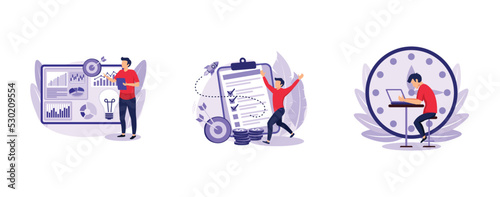 Project lifecycle. Project initiation and closure, deadline, documentation, business analysis, stakeholder approval, work time. set flat vector modern illustration