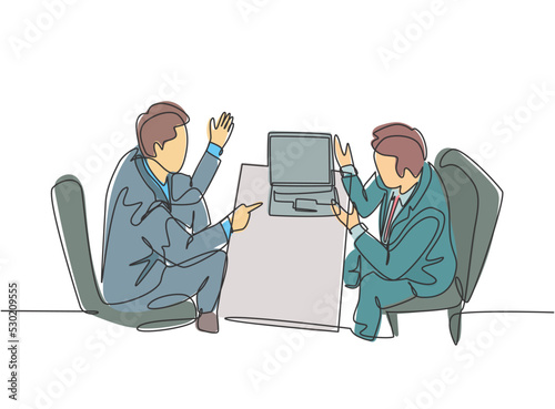 One single line drawing of two young businessmen exploring new business and discussing agreement to merge their business. Business deal concept continuous line draw design graphic vector illustration