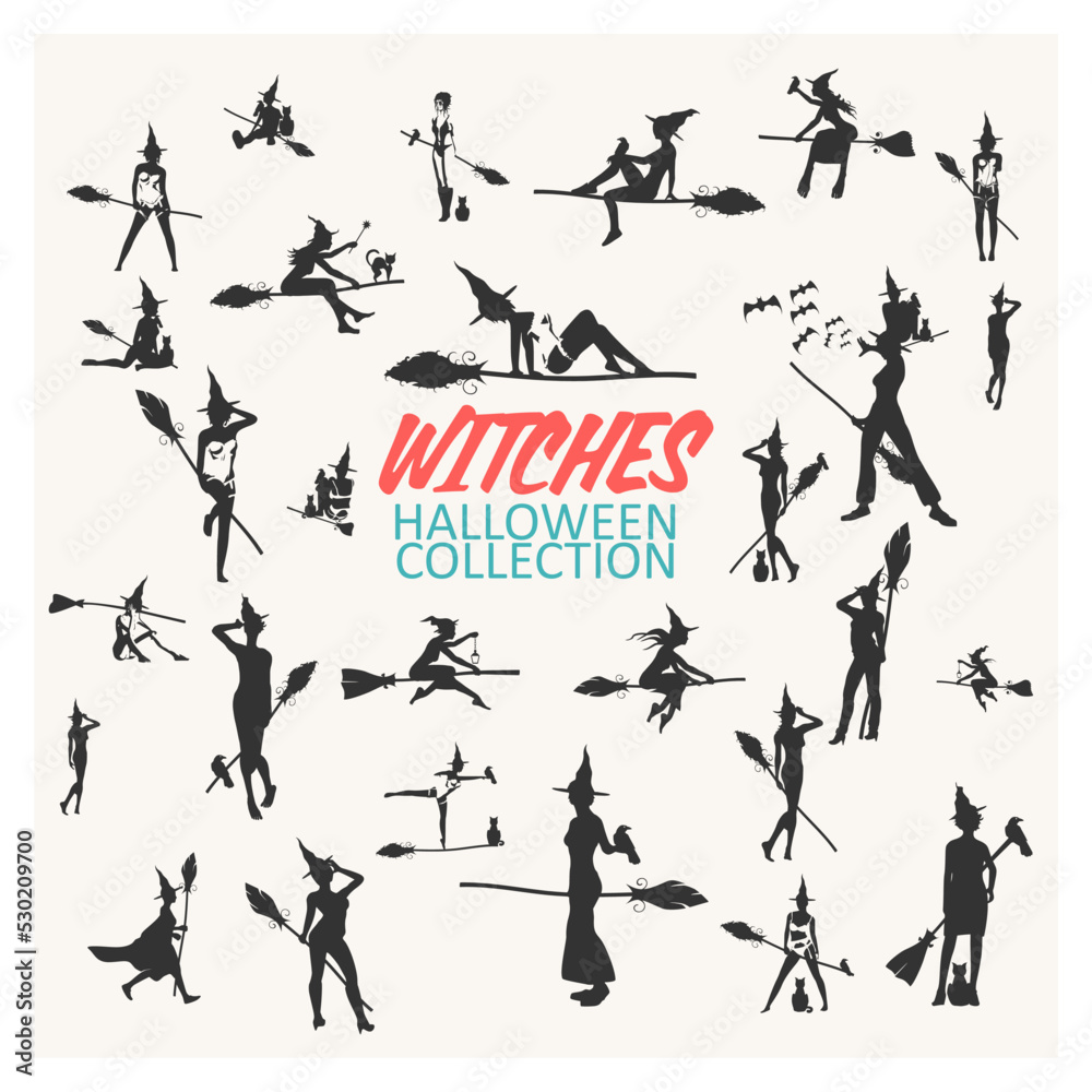 Young witches icons Halloween collection. Set of female silhouettes