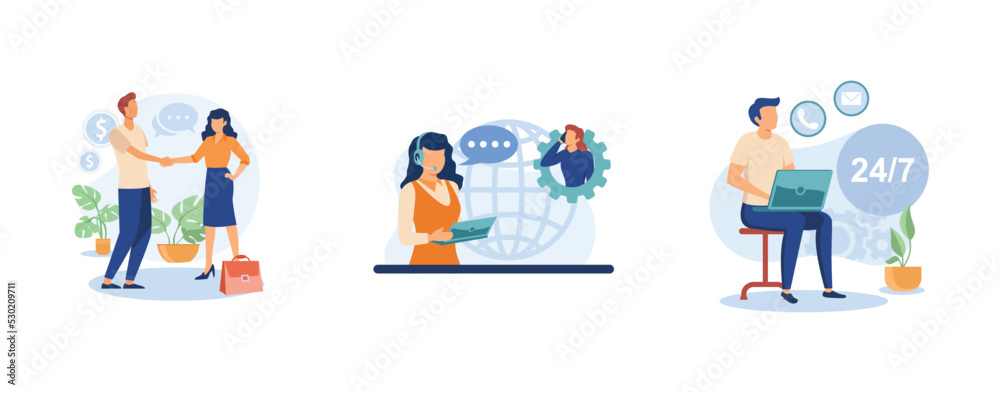 Customer loyalty. Relationship marketing, customer care, 24 for 7 service, social media, online tech support. set flat vector modern illustration