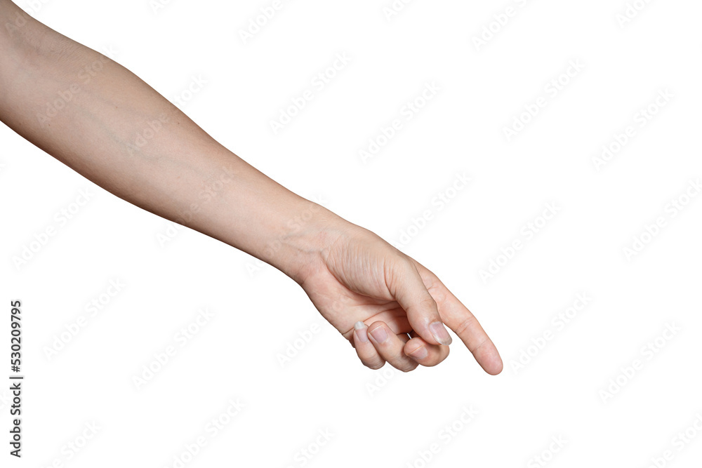 Man hand touching or pointing to something isolated on white background included clipping path.