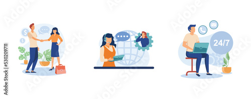 Customer loyalty. Relationship marketing, customer care, 24 for 7 service, social media, online tech support. set flat vector modern illustration