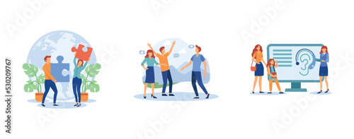 Social engagement. Social participation, sign language conversation, assistive hearing device, hand alphabet, deaf people. set flat vector modern illustration