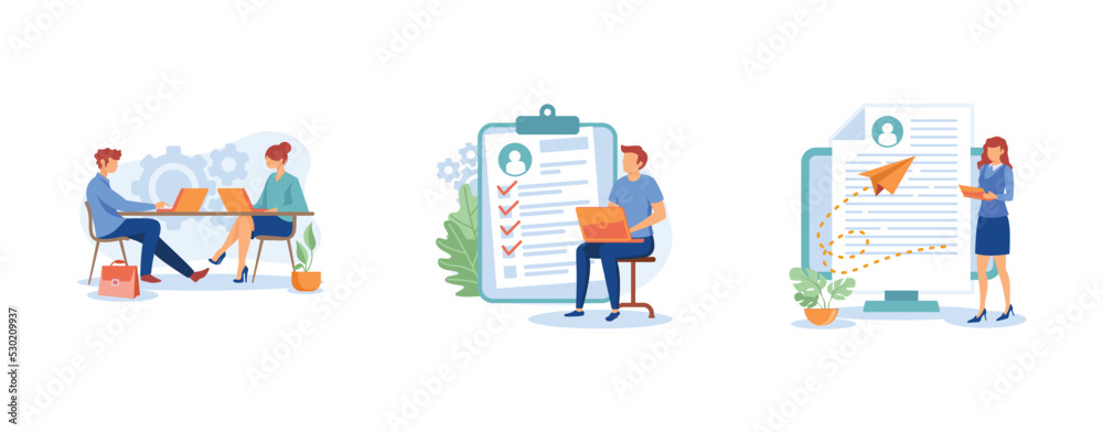Apply for a job. Employers and vacancies, send your CV, hiring, hr service, start your career, company corporate website. set flat vector modern illustration