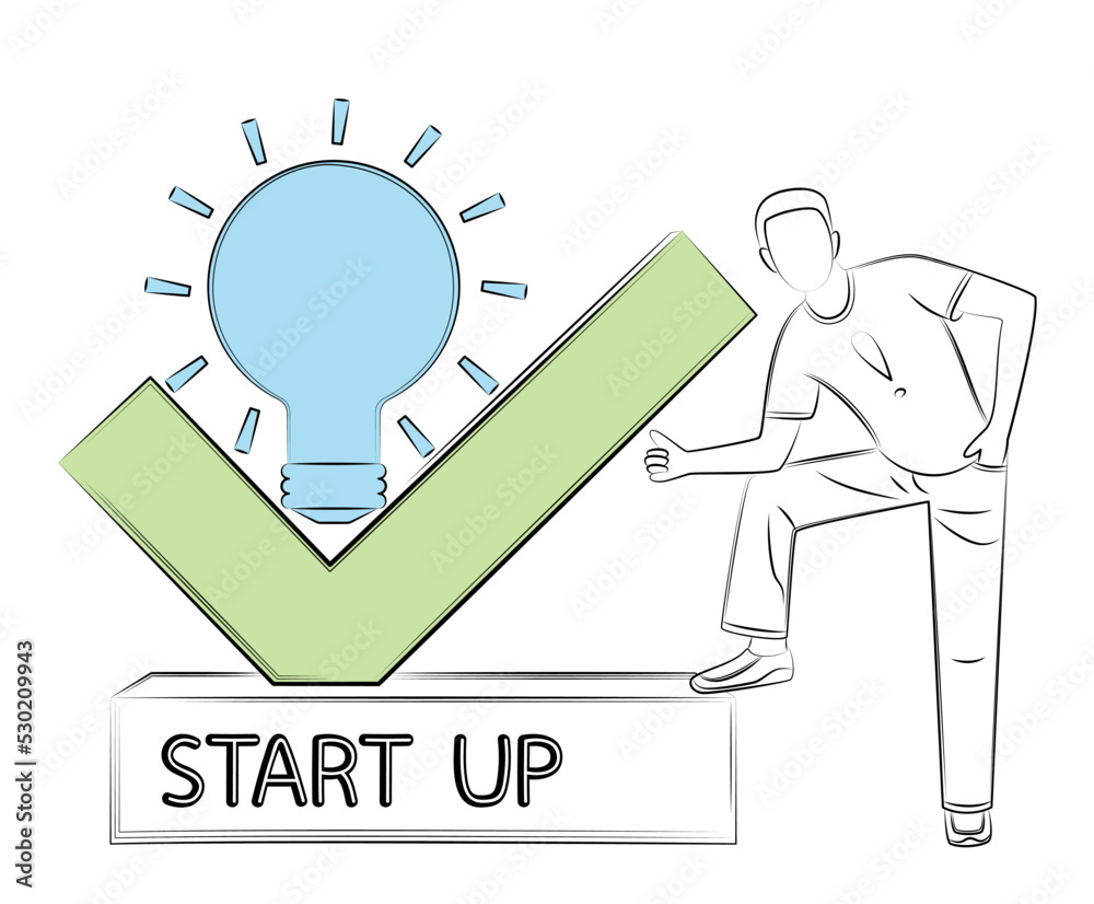 Start up. Man starts a new project, he is confident in his abilities and in success of his business. First step. Success concept for leadership and career achievement topics. Editable linear drawing Start up. Man starts a new project, he is confident in his abilities and in success of his business. First step. Success concept for leadership and career achievement topics. Editable linear drawing