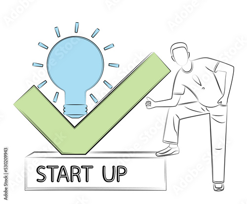 Start up. Man starts a new project, he is confident in his abilities and in success of his business. First step. Success concept for leadership and career achievement topics. Editable linear drawing