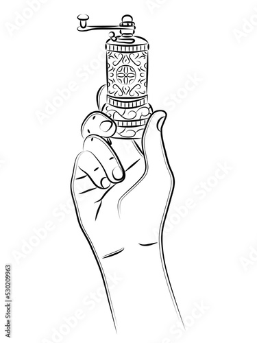 Turkish coffee grinder in hand. Small vintage manual pepper mill. Classic old-fashioned burr mill for spices, seasonings or coffee beans. Use for menu design, recipes and kitchen goods. Linear sketch