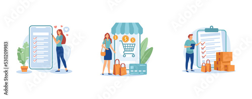 Online shopping. Wishlist, buy, my orders list, add to shopping cart, product in stock, retail store, e-commerce website. set flat vector modern illustration