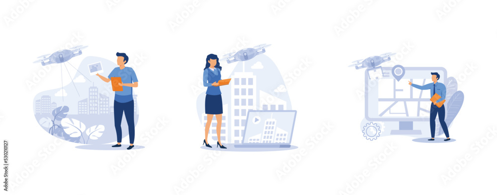 Drone service. Aerial photography and videography, autonomous delivery, video production, commercial shooting. set flat vector modern illustration Drone service. Aerial photography and videography, autonomous delivery, video production, commercial shooting. set flat vector modern illustration