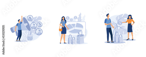 Buy and sell product. Diversity marketing, consumption expenditure, face-to-face selling, consumer engagement. set flat vector modern illustration
