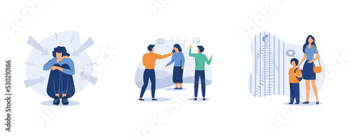 Harrasment. Domestic and youth violence, dads in prison, family conflict, ask for help, child bullying at school. set flat vector modern illustration