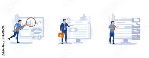 Company activity stats automation. Paperwork optimization. Business intelligence, vision and scope document, software requirement description metaphors. set flat vector modern illustration photo