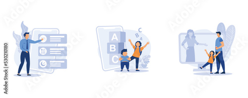 Childcare technology. Kids routine and early learning app, child care online platform, newborn application. set flat vector modern illustration