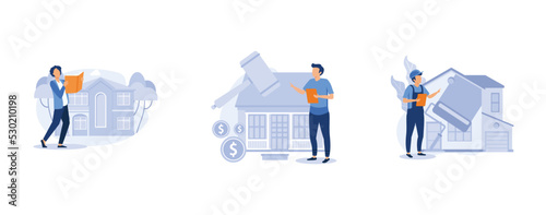Buy family home. Detached and auction house, house renovation, residential and commercial property remodeling, house listing. set flat vector modern illustration