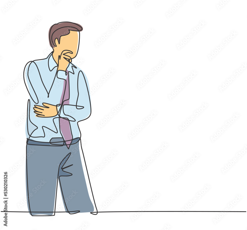 One single line drawing of young male manager focus thinking solution for company problems at the office. Solution strategy concept. Trendy continuous line draw design graphic vector illustration One single line drawing of young male manager focus thinking solution for company problems at the office. Solution strategy concept. Trendy continuous line draw design graphic vector illustration