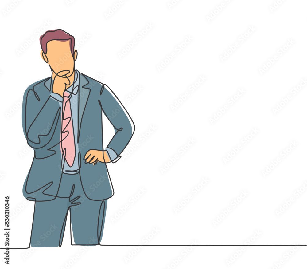 One single line drawing of young startup founder standing and thinking about business strategy for office meeting. Business ideas concept continuous line draw graphic design vector illustration One single line drawing of young startup founder standing and thinking about business strategy for office meeting. Business ideas concept continuous line draw graphic design vector illustration