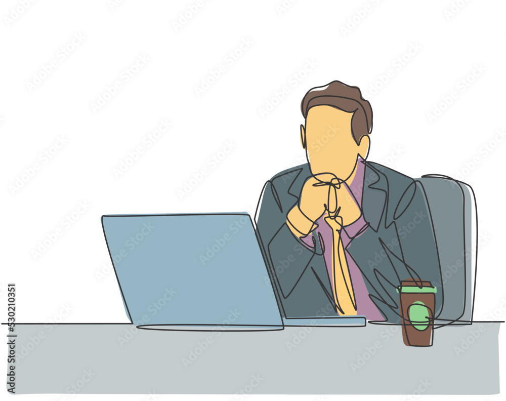 Single continuous line drawing of young male worker sitting and thinking seriously in front of computer screen at the office. Work focus concept one line graphic draw design vector illustration Single continuous line drawing of young male worker sitting and thinking seriously in front of computer screen at the office. Work focus concept one line graphic draw design vector illustration