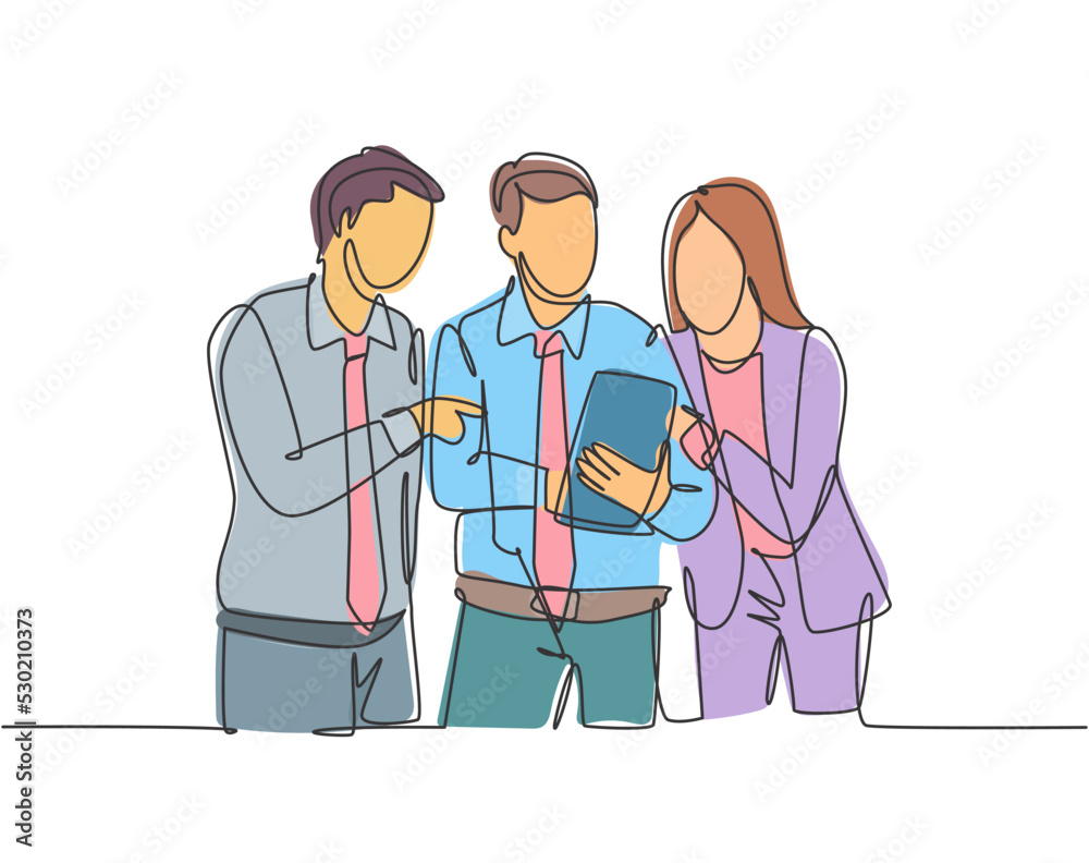 One single line drawing of young happy male and female workers talking about company project together while opening document. Business meeting concept continuous line draw design vector illustration One single line drawing of young happy male and female workers talking about company project together while opening document. Business meeting concept continuous line draw design vector illustration