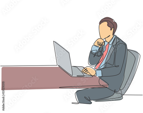 One continuous line drawing of young manager focus thinking and holding his chin using hands while sitting in front the computer. Business idea concept single line draw design vector illustration
