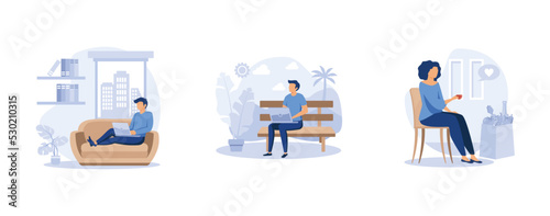 Mindful lifestyle. Simple living, minimalist lifestyle, downshifting, slow living, reduced consumption, find balance, no stress life. set flat vector modern illustration