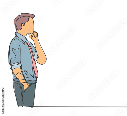 One single line drawing of young male worker seriously staring out of the window from the office building. Focus thinking company growth concept continuous line draw design vector graphic illustration