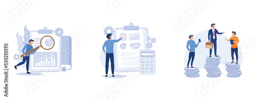Balance sheet. Income and cash flow statement, income inequality, financial plan and report, company debt, accountancy service. set flat vector modern illustration