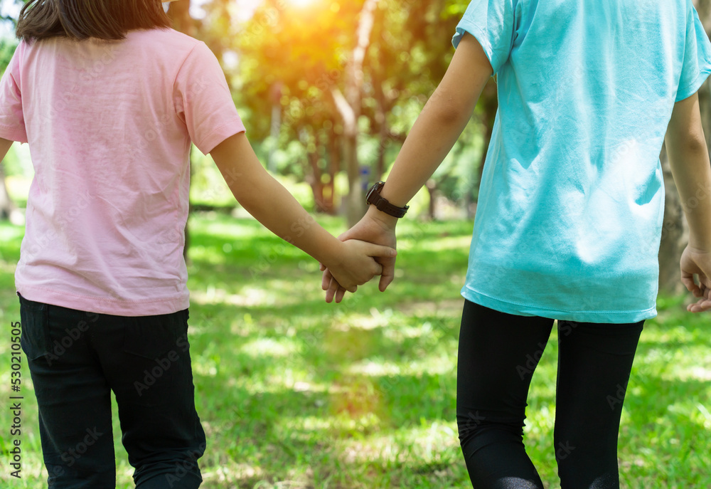 Two sister holding hands in the park in warm spring day. Happy friendship family concept. Two sister holding hands in the park in warm spring day. Happy friendship family concept.