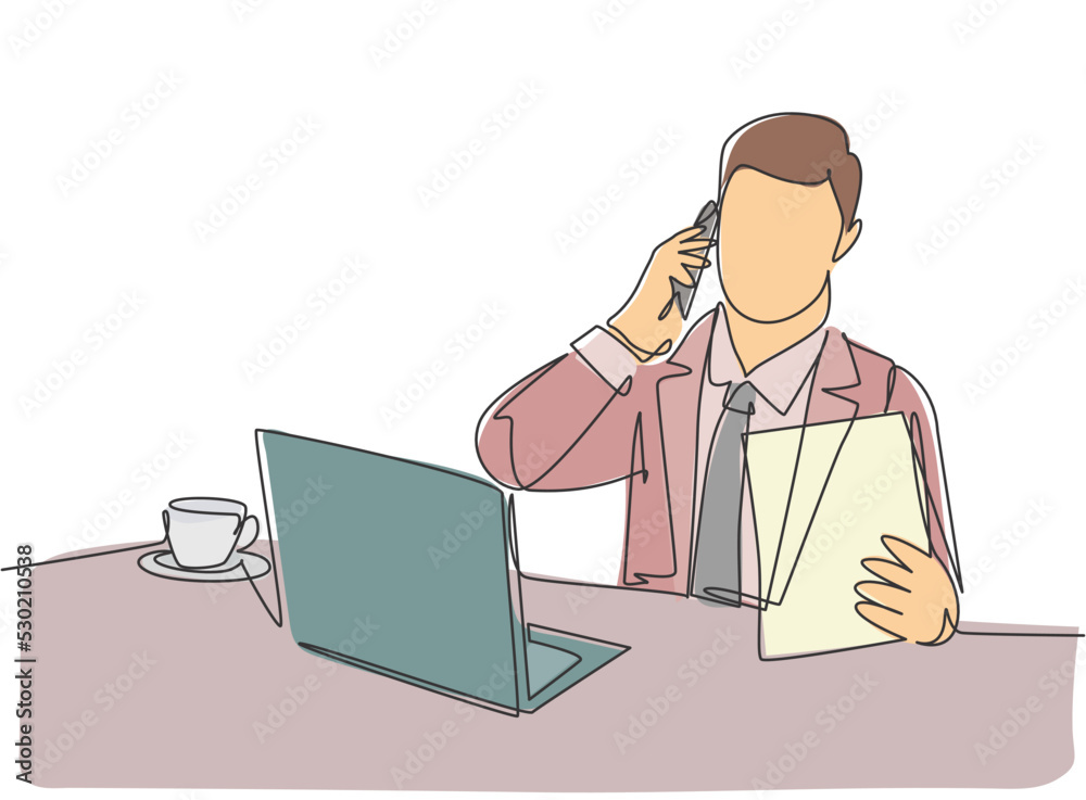 One single line drawing of young male manager reading company annual report while receiving phone call from staff at the office. Check report concept continuous line draw design vector illustration One single line drawing of young male manager reading company annual report while receiving phone call from staff at the office. Check report concept continuous line draw design vector illustration
