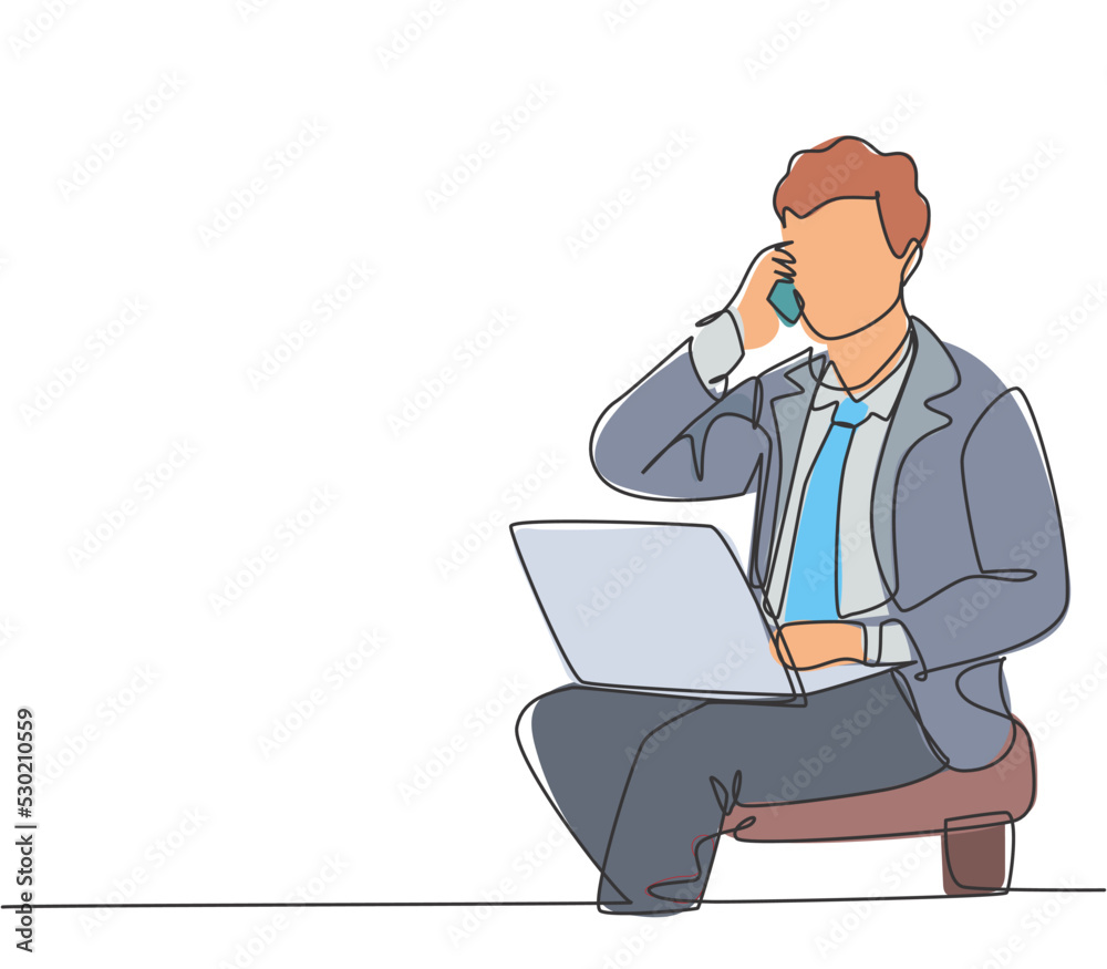 Single continuous line drawing of young manager sitting and typing on laptop during calling his team member to give instruction. Work direction concept one line draw graphic design vector illustration Single continuous line drawing of young manager sitting and typing on laptop during calling his team member to give instruction. Work direction concept one line draw graphic design vector illustration