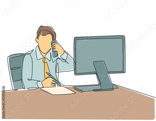 One single line drawing of young startup CEO writing business deal draft on paper and consulting it with his mentor on phone. Business mentoring concept continuous line draw design vector illustration
