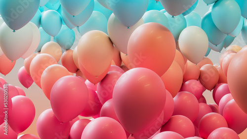 Contemporary Carnival Wallpaper, with Coral, Orange and Turquoise Balloons. 3D Render. photo