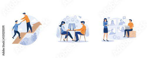 increase motivation, hotline operators consult customers with headsets on computers, online business conference, set flat vector modern illustration