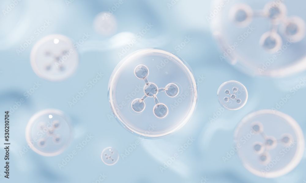 Closeup of molecule atoms structures inside vitamin bubbles on blue liquid serum background. Cosmetics skincare or human skin treatment and solution. 3d illustration rendering Closeup of molecule atoms structures inside vitamin bubbles on blue liquid serum background. Cosmetics skincare or human skin treatment and solution. 3d illustration rendering