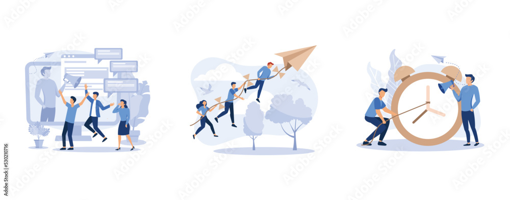 Fototapeta premium company information analytics, a company of people holding on to a thread from a paper plane, the alarm clock is ringing on a white background, set flat vector modern illustration