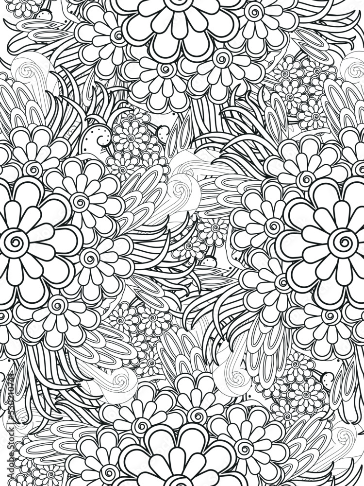 Doodle floral pattern in black and white. A page for coloring book: fascinating and relaxing job for children and adults. Zentangle drawing. Flower carpet in a magic garden
