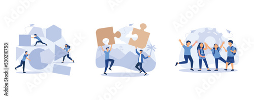 A team of people assemble an abstract geometric puzzle, people connecting puzzle elements, kids team communication, set flat vector modern illustration