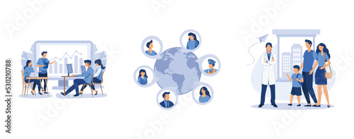 Online business conference, Quarantine coronavirus, doctor's appointment with children, set flat vector modern illustration