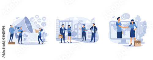 business promotion, real estate business concept with houses, online conclusion of the transaction, set flat vector modern illustration